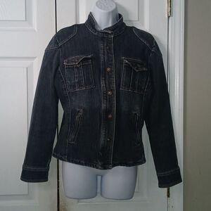 Live a Little Denim fitted jean jacket faint pinstripe look  Sz M NWOT
